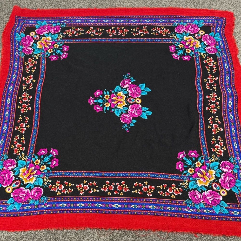 Floral Patterned Scarf Red Border Black Square Japan Bouquet Raw Edges Vintage